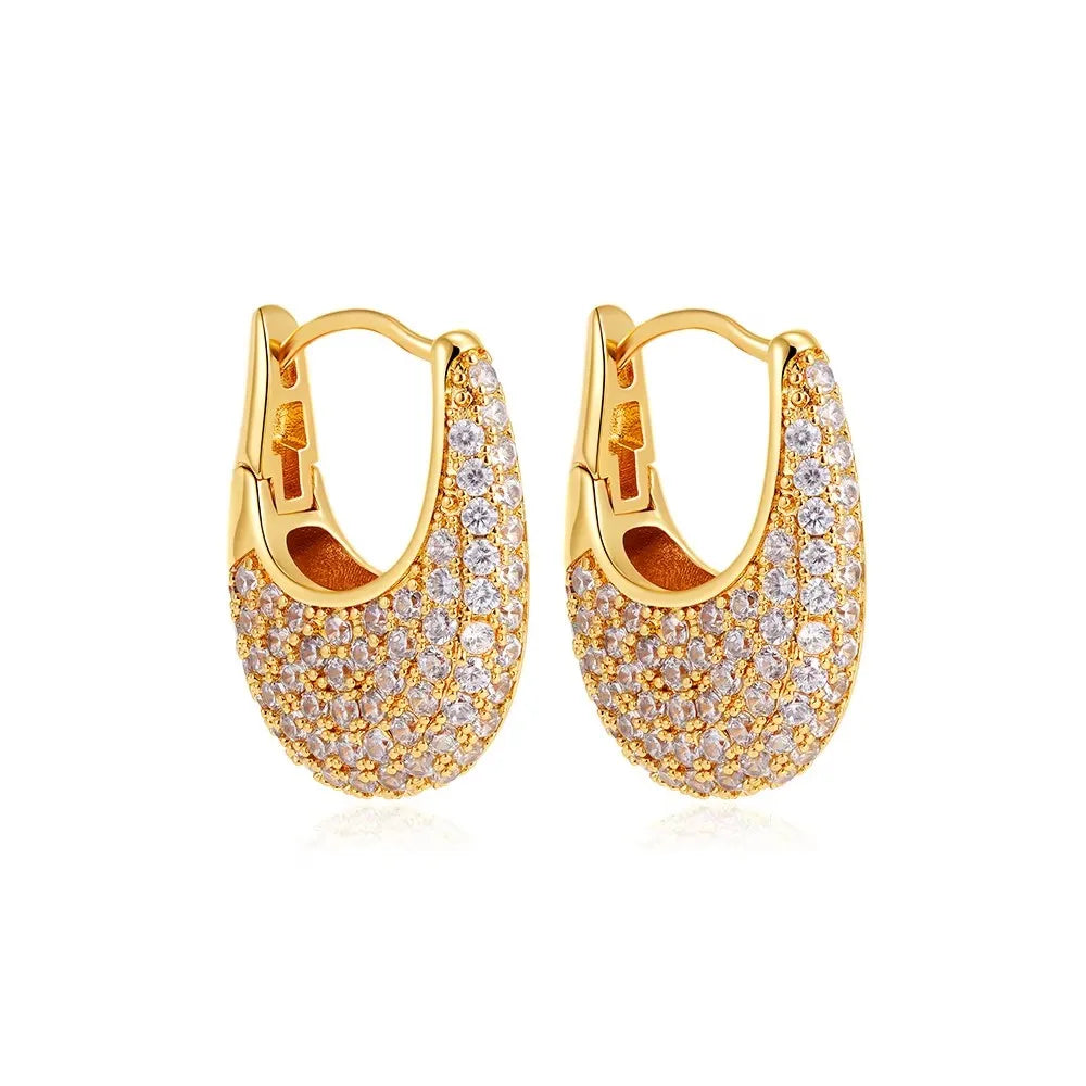 Zircon Round Buckle Hoop Earrings Gold Plated Stainless Steel