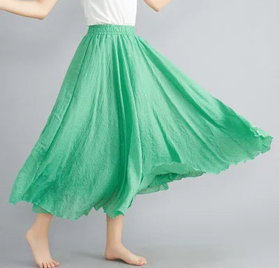 Cotton Linen Dress Elastic Waist A-line Long Skirts