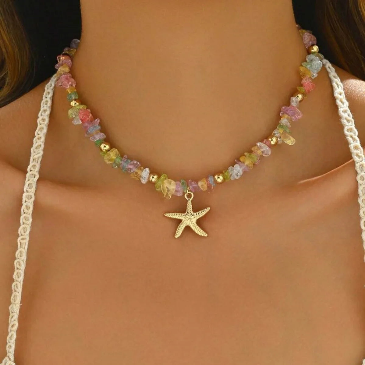Rice Beads Starfish Pendant Necklace
