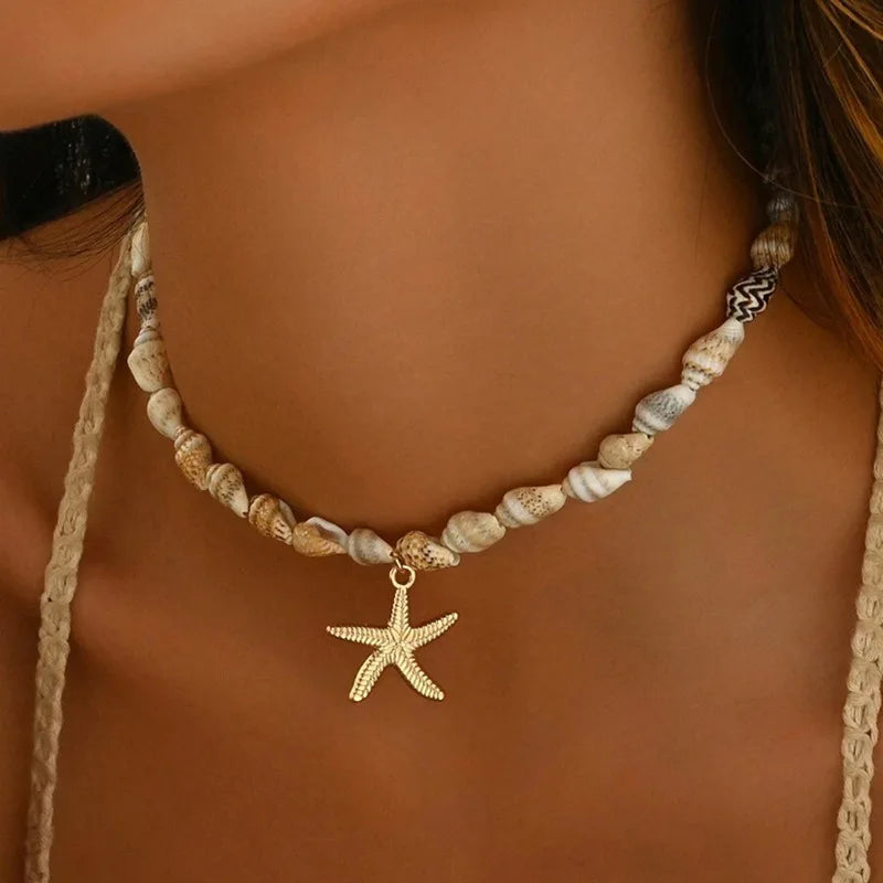 Rice Beads Starfish Pendant Necklace