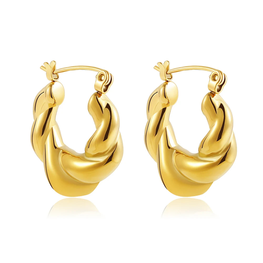 Zircon Round Buckle Hoop Earrings Gold Plated Stainless Steel