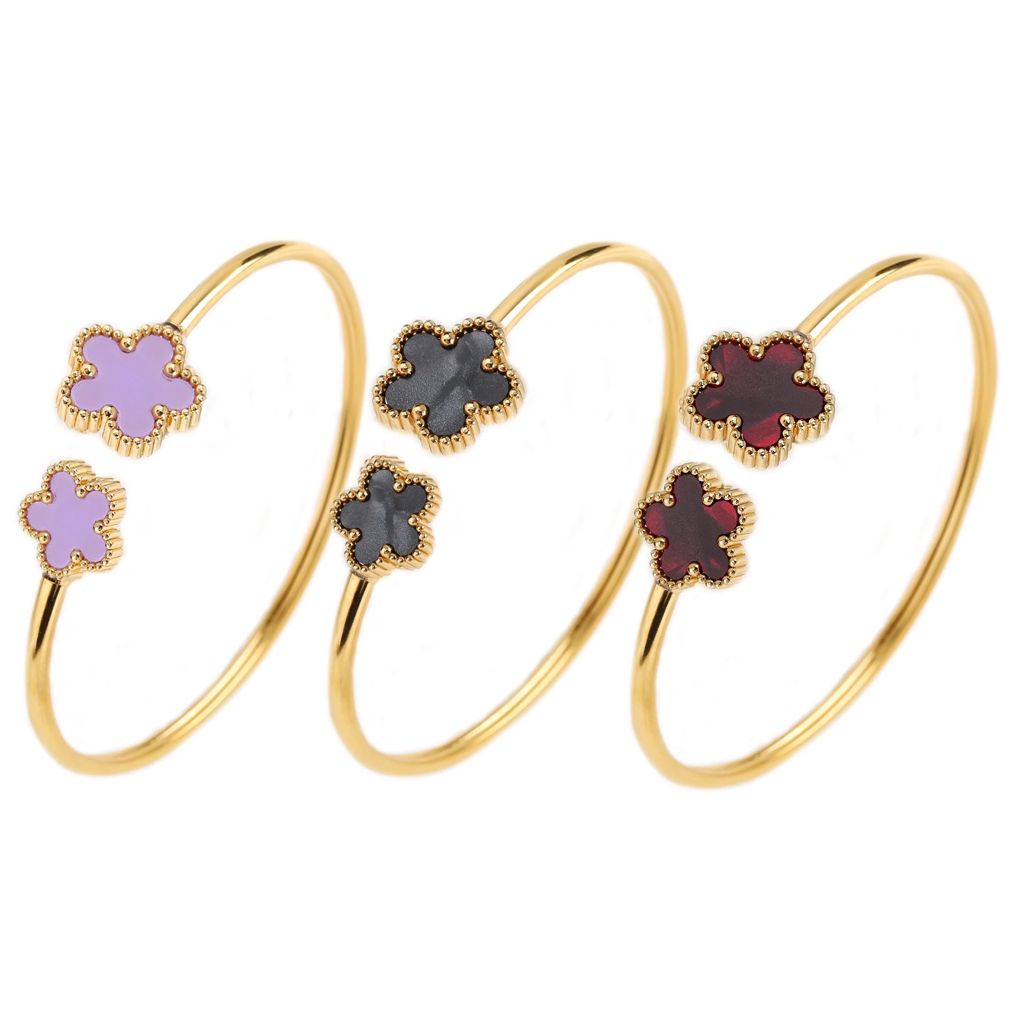 Adjustable Stainless Steel Gold-Plated Five-Leaf Flower Open Bangle