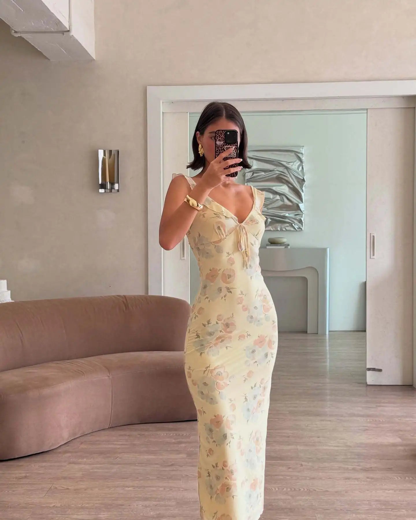 Summer Floral Print Plunge Maxi Dress
