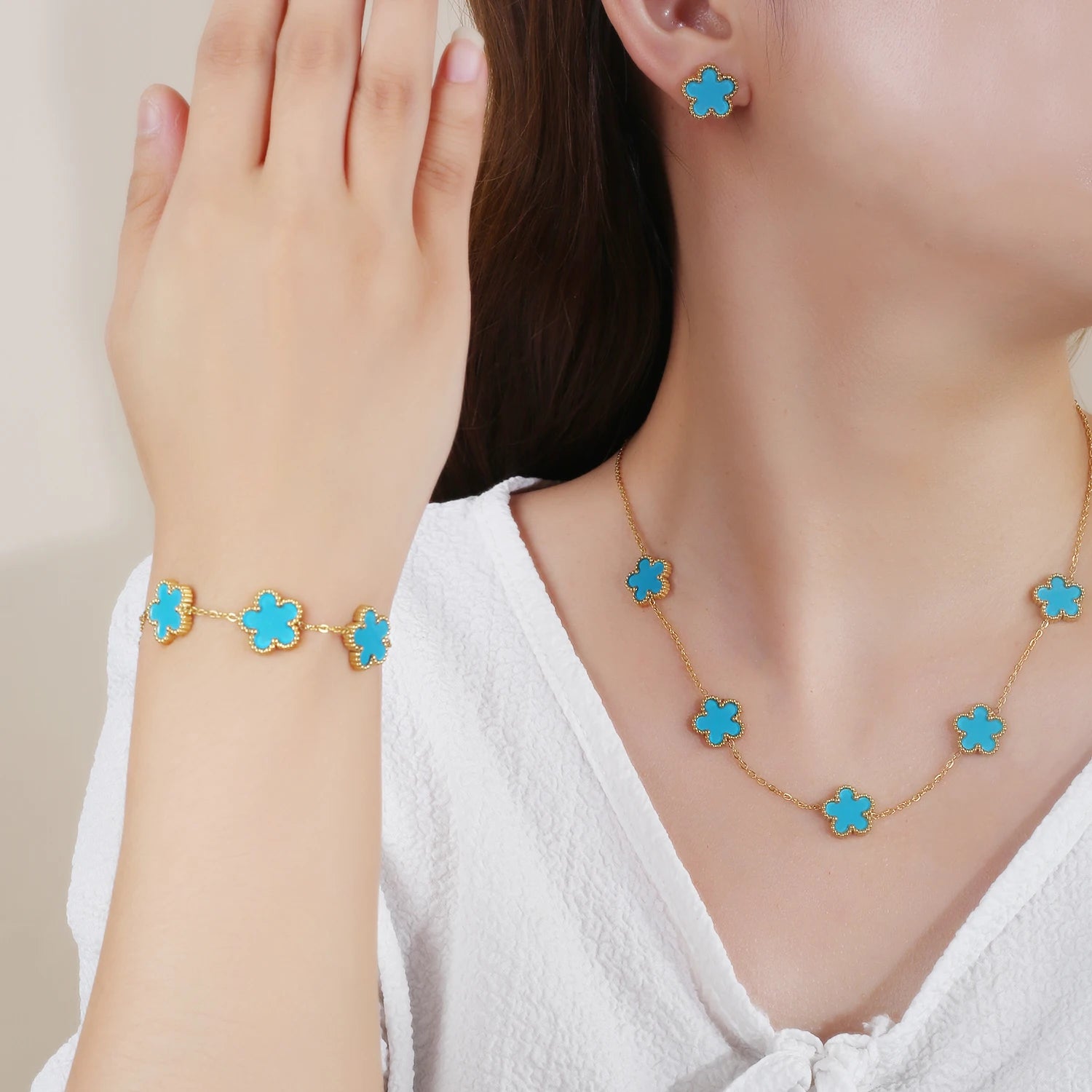 Stainless Steel Five Leaf Flower Clover Bracelet Necklace Earrings
