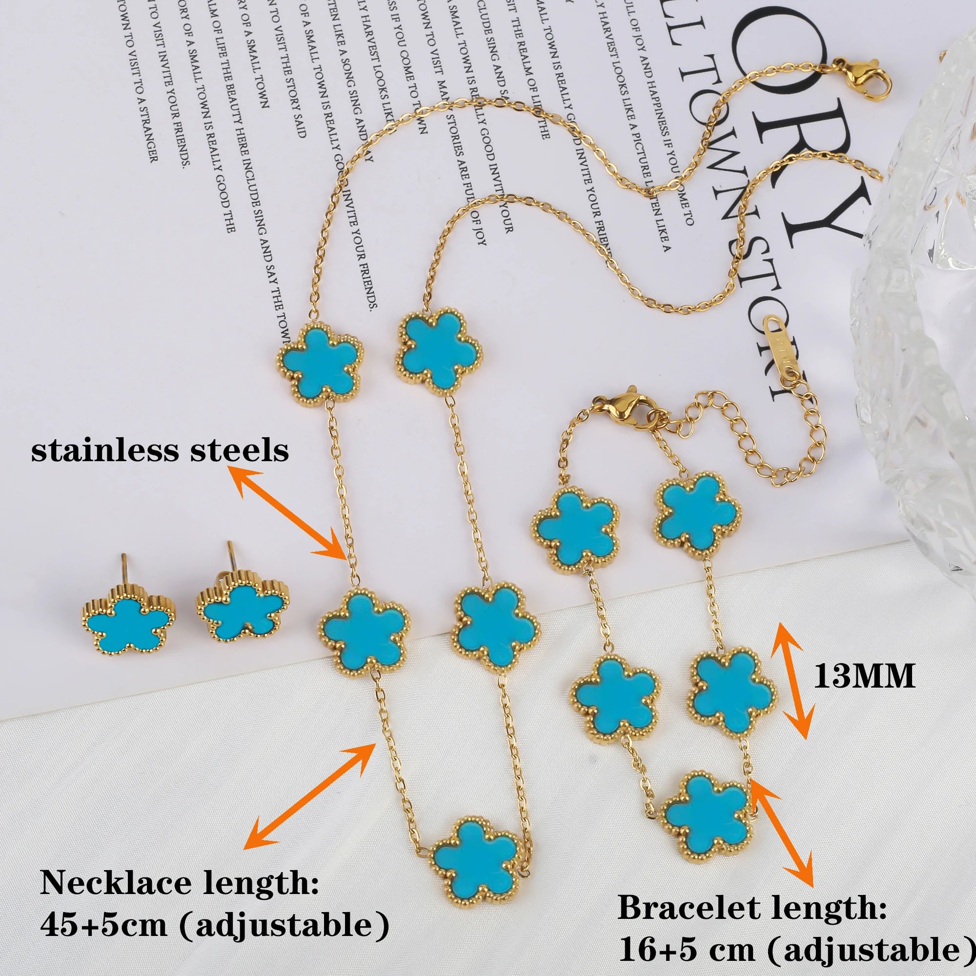18k Gold-Plated Five-Leaf Flower Necklace Earrings Bracelet