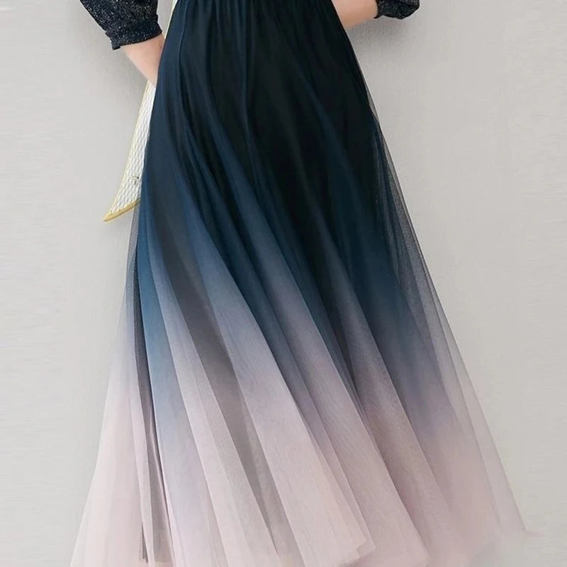 High Waist Gradient Mesh Pleated Midi Skirts