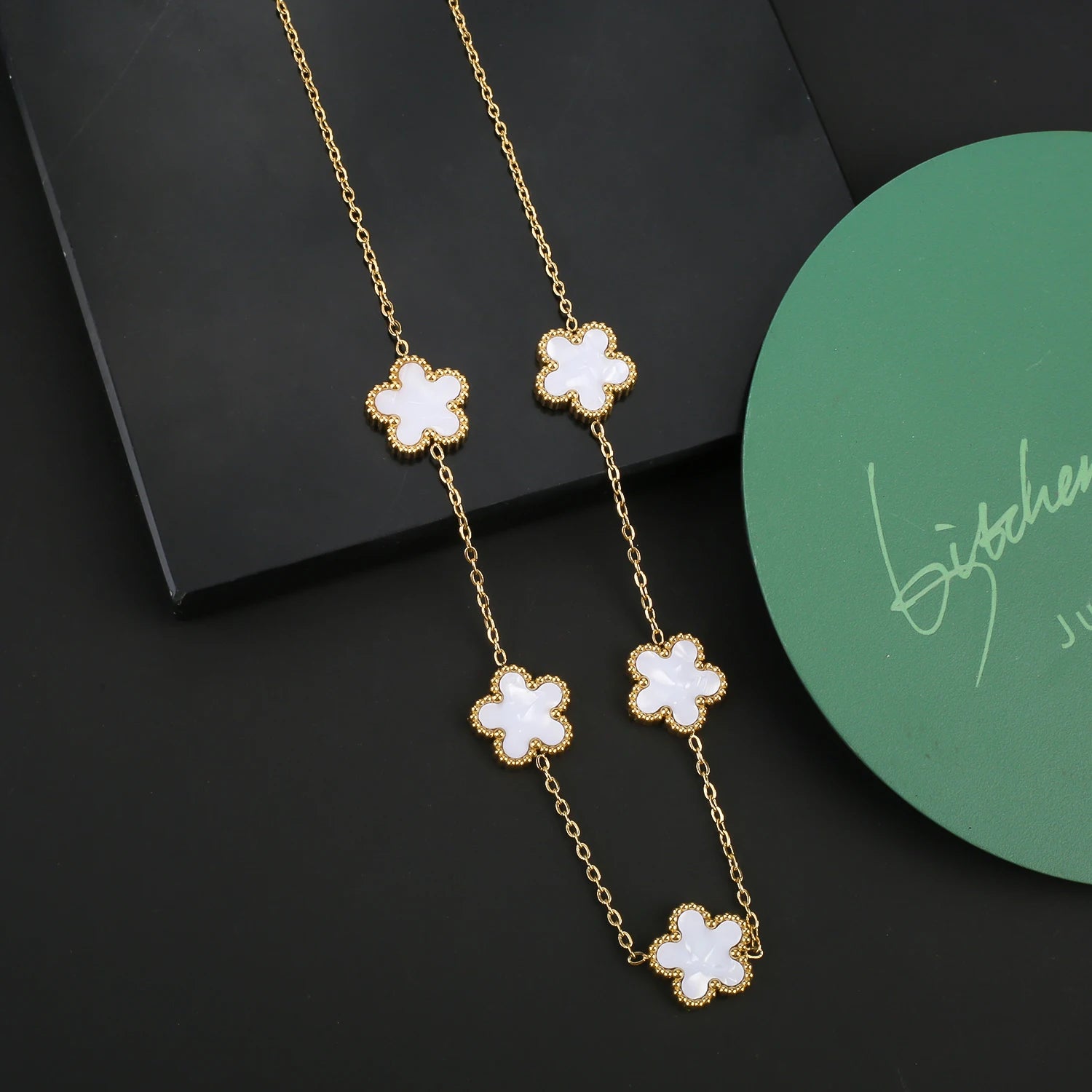Stainless Steel Five Leaf Flower Clover Bracelet Necklace Earrings