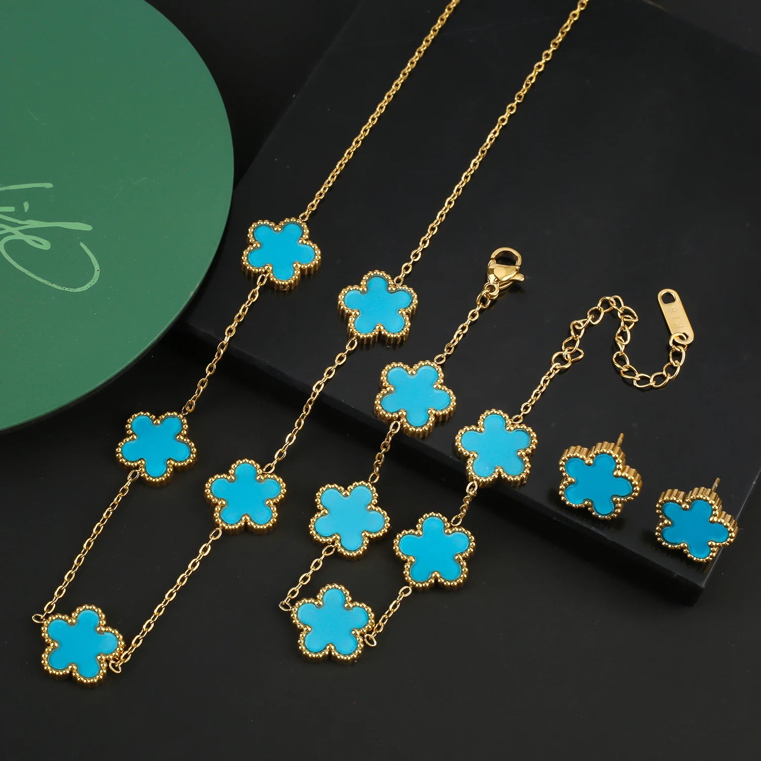Stainless Steel Five Leaf Flower Clover Bracelet Necklace Earrings