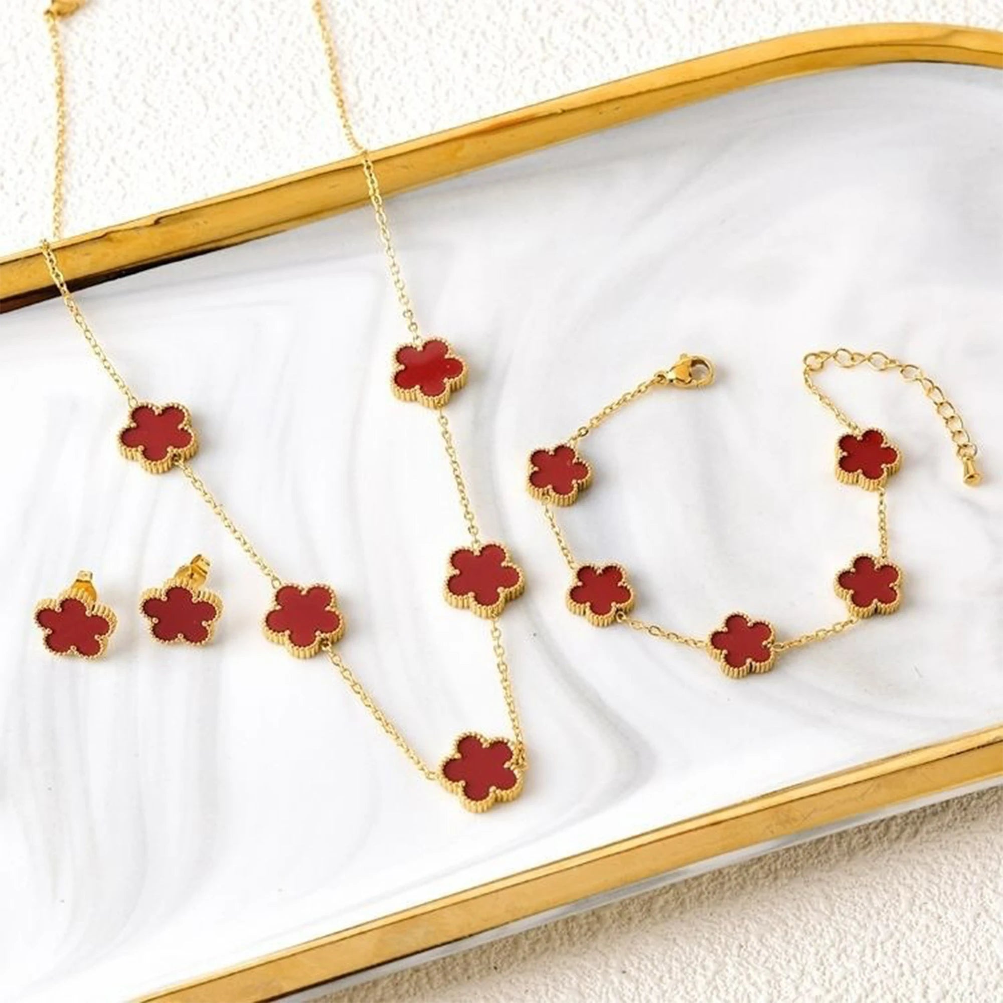 18k Gold-Plated Five-Leaf Flower Necklace Earrings Bracelet