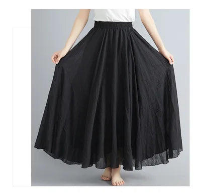 Cotton Linen Dress Elastic Waist A-line Long Skirts