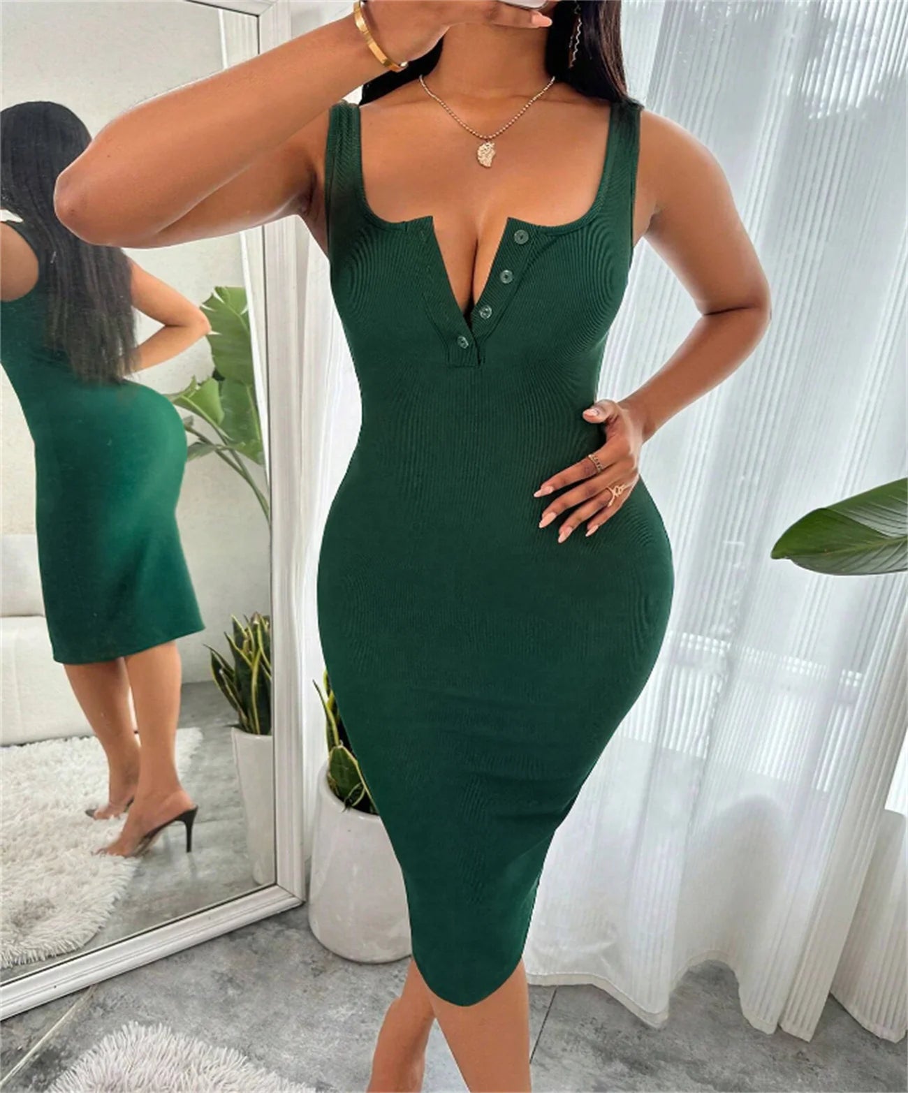 Button Front Scoop Neck Tank Dress