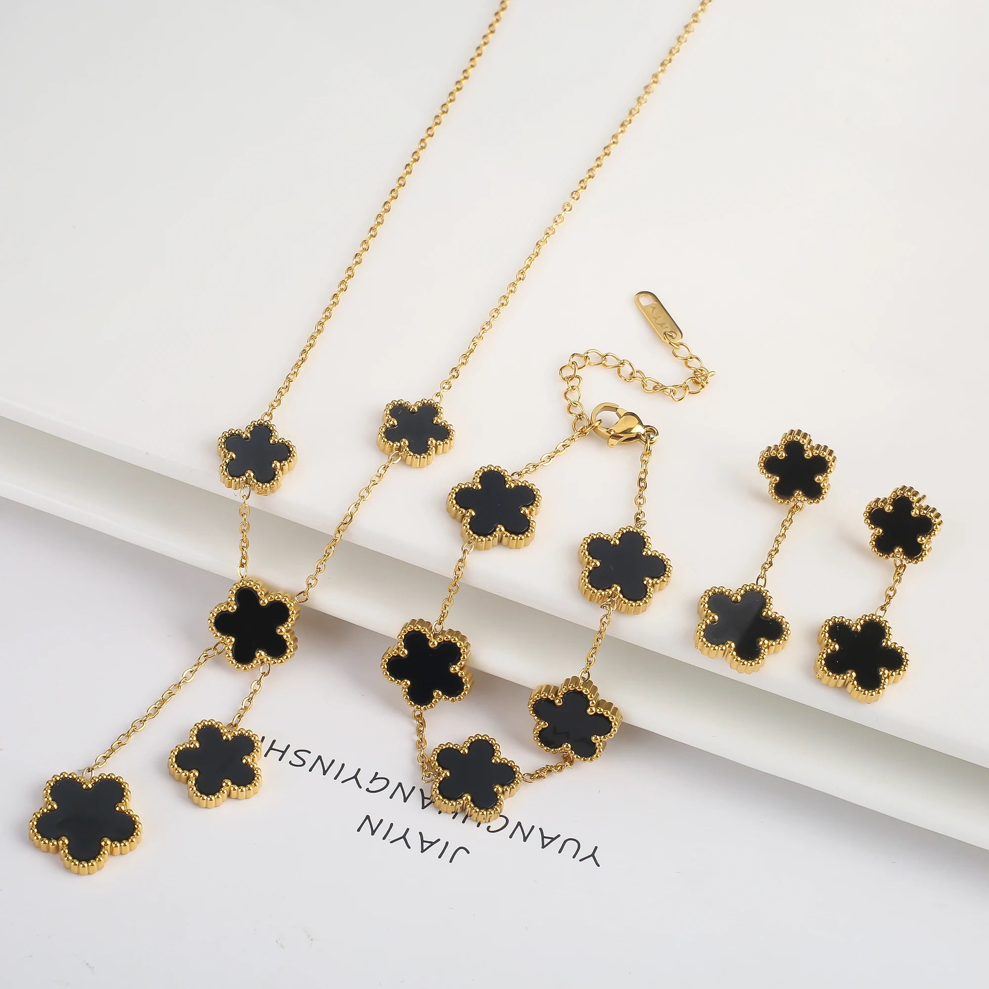 18k Gold-Plated Five-Leaf Flower Necklace Earrings Bracelet