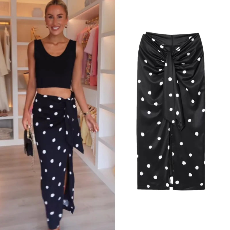 Bow-Tie Waist Polka Dot Midi Skirts