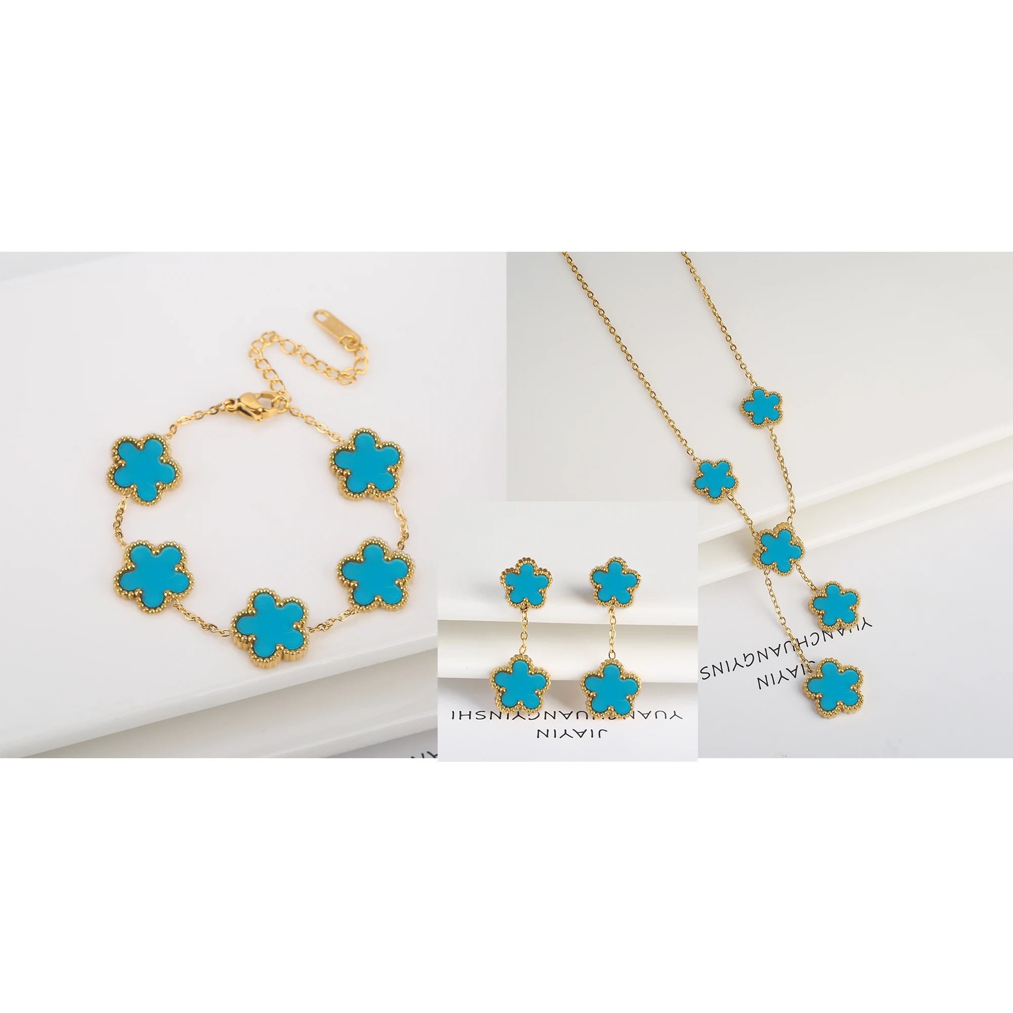 18k Gold-Plated Five-Leaf Flower Necklace Earrings Bracelet