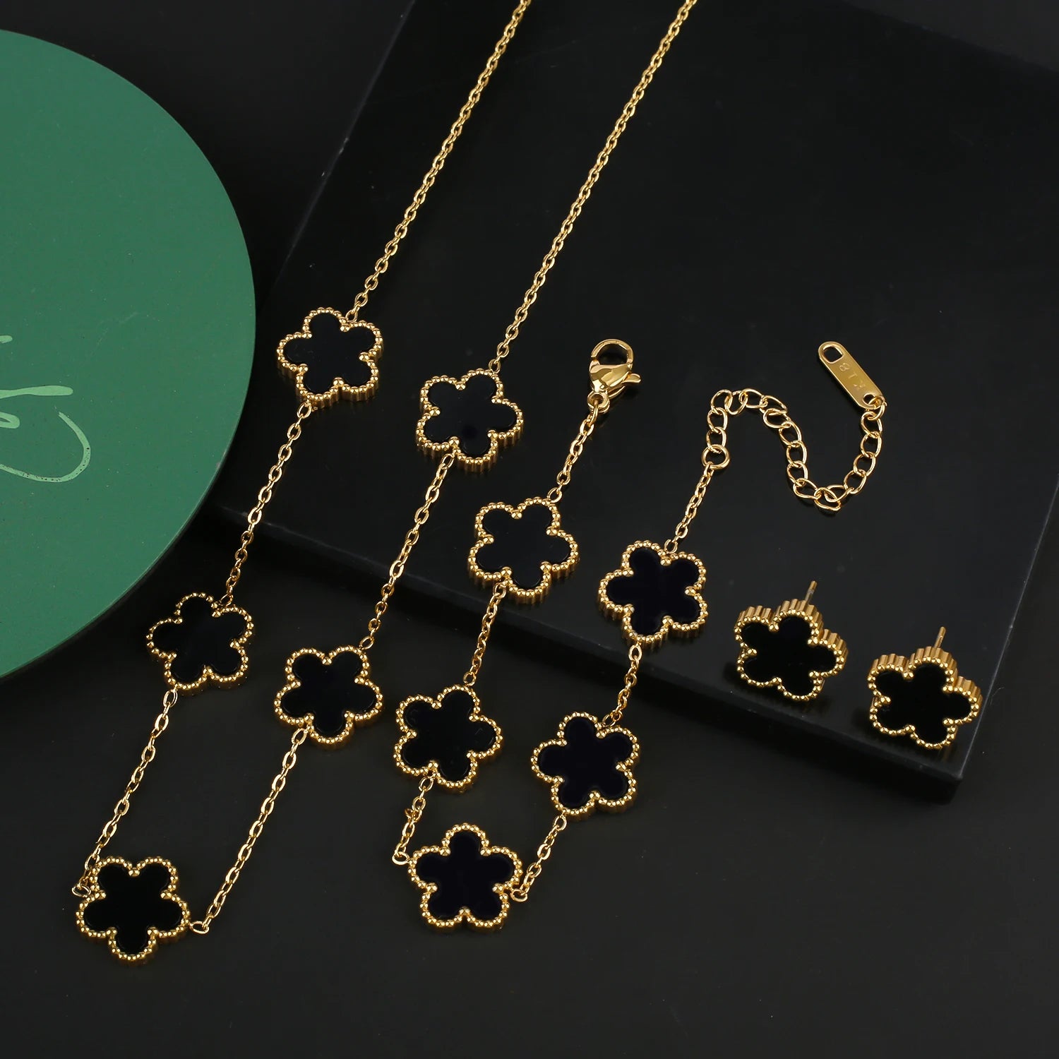 Stainless Steel Five Leaf Flower Clover Bracelet Necklace Earrings