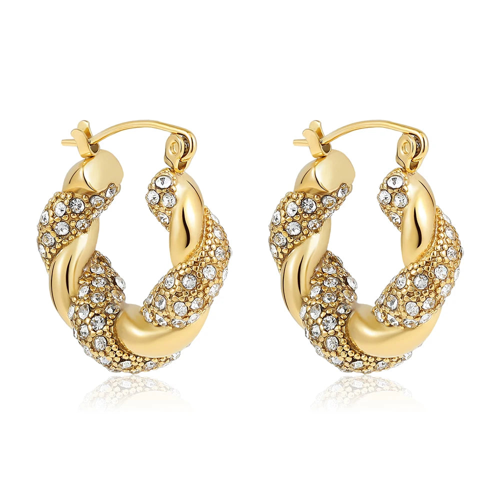 Zircon Round Buckle Hoop Earrings Gold Plated Stainless Steel