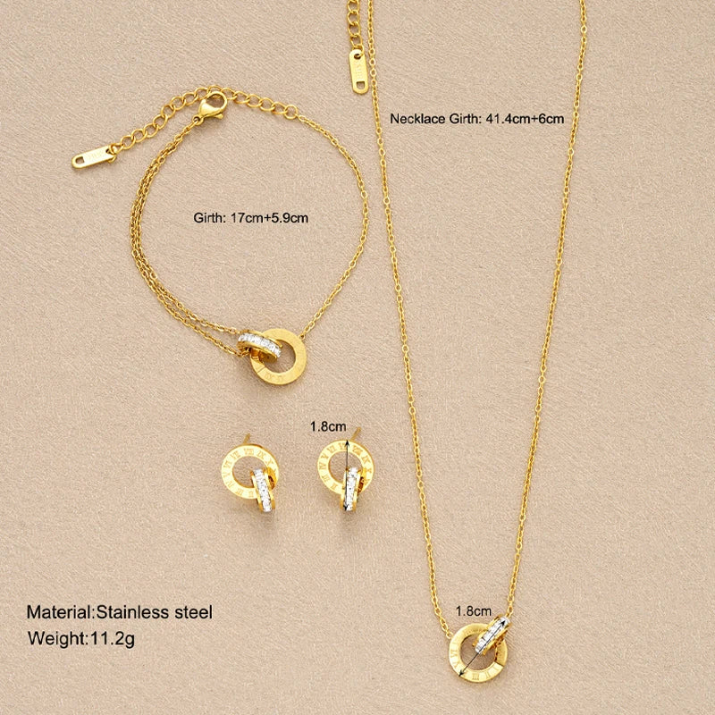 4Pcs/Set Gold Stainless Steel Crystal Necklace Bracelet Earrings