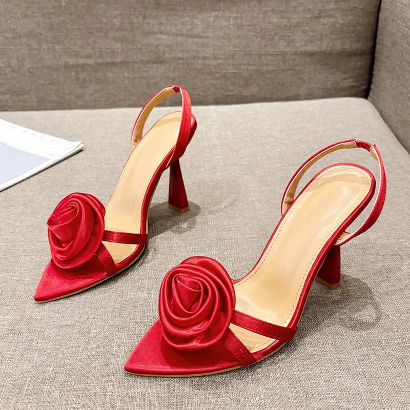 Silk Rose Flowers Pointed Open Toe Back Strap Sandals