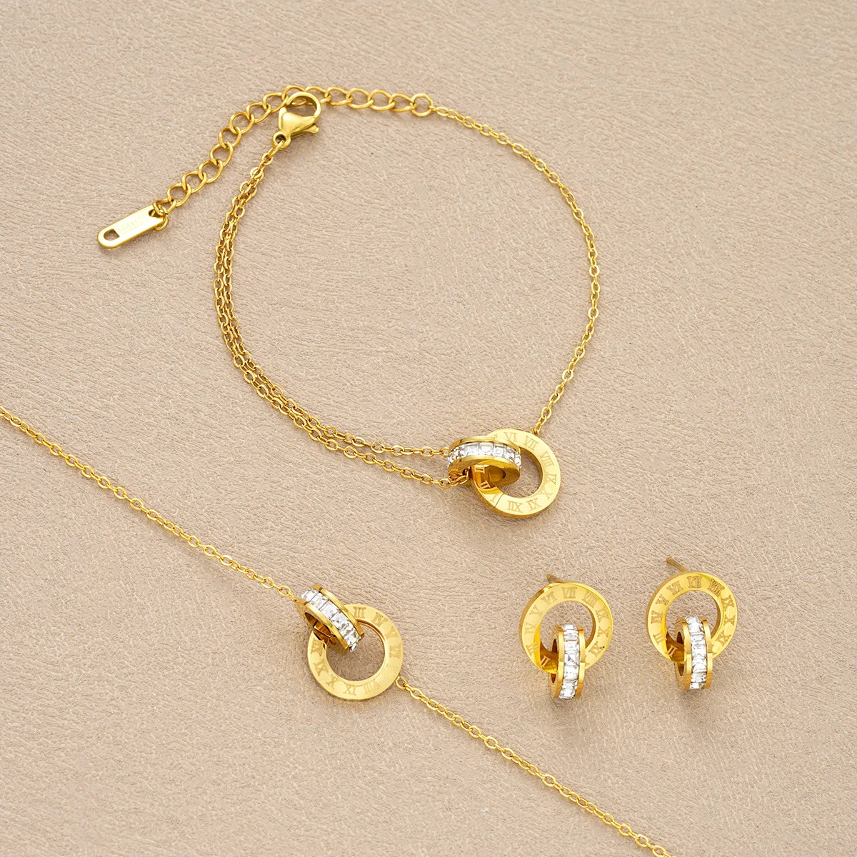 4Pcs/Set Gold Stainless Steel Crystal Necklace Bracelet Earrings