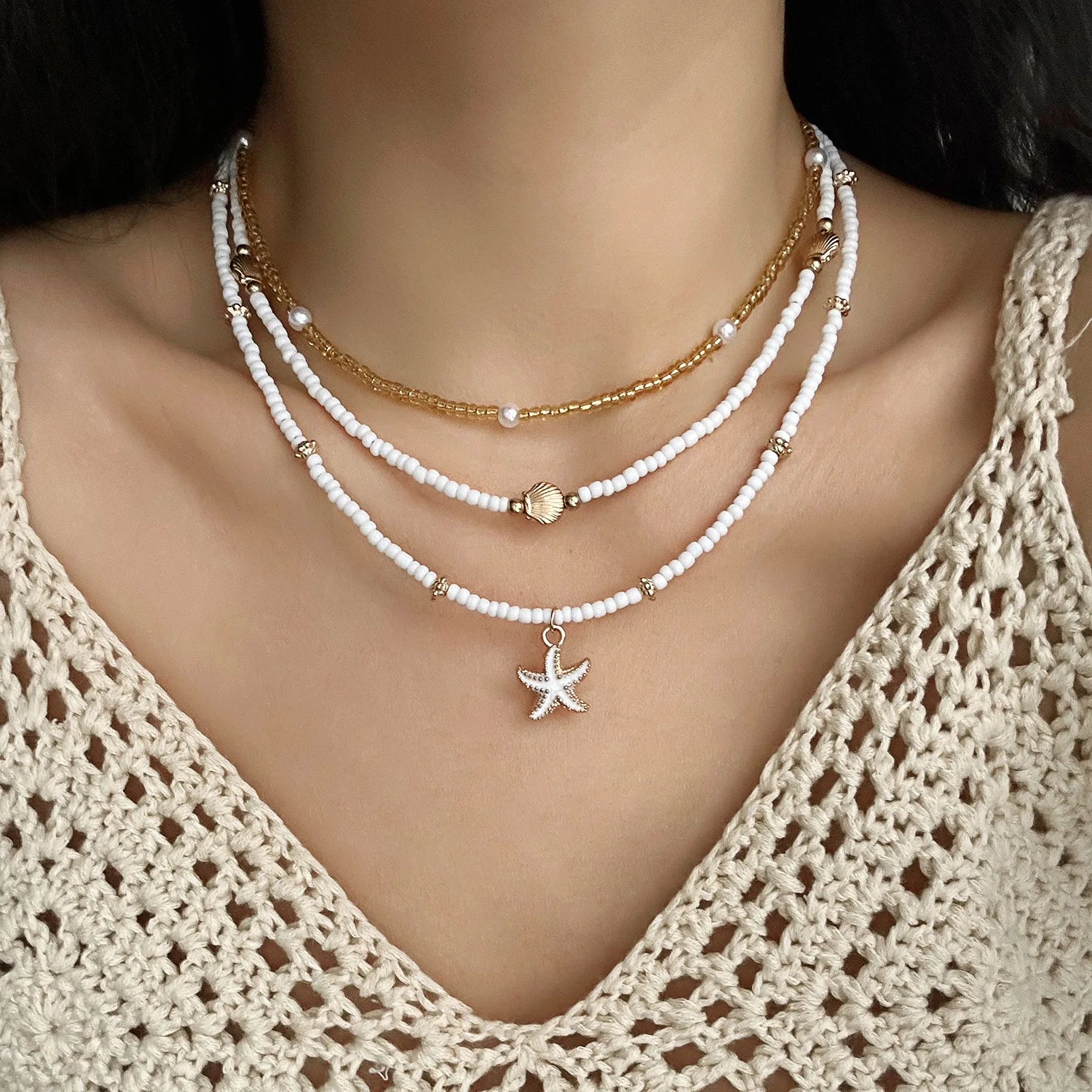 Rice Beads Starfish Pendant Necklace