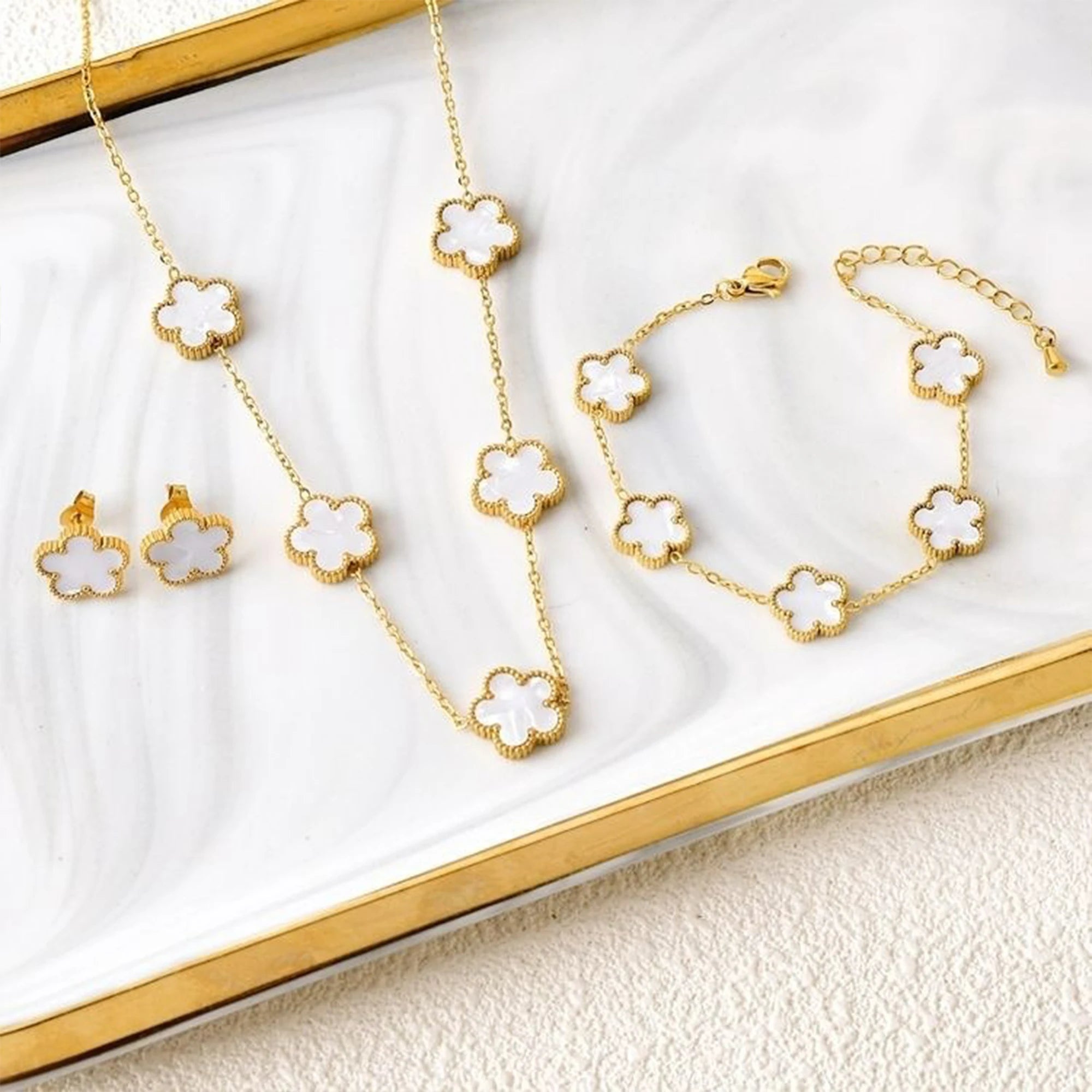 18k Gold-Plated Five-Leaf Flower Necklace Earrings Bracelet