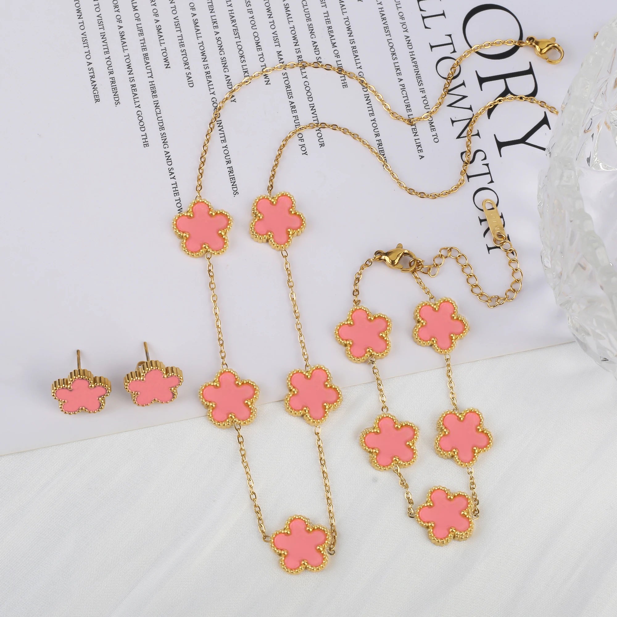 18k Gold-Plated Five-Leaf Flower Necklace Earrings Bracelet