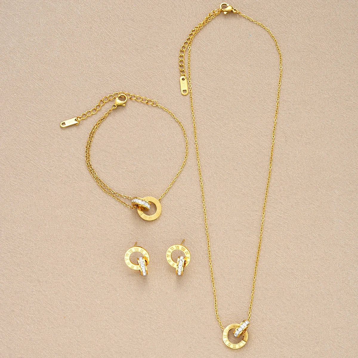4Pcs/Set Gold Stainless Steel Crystal Necklace Bracelet Earrings