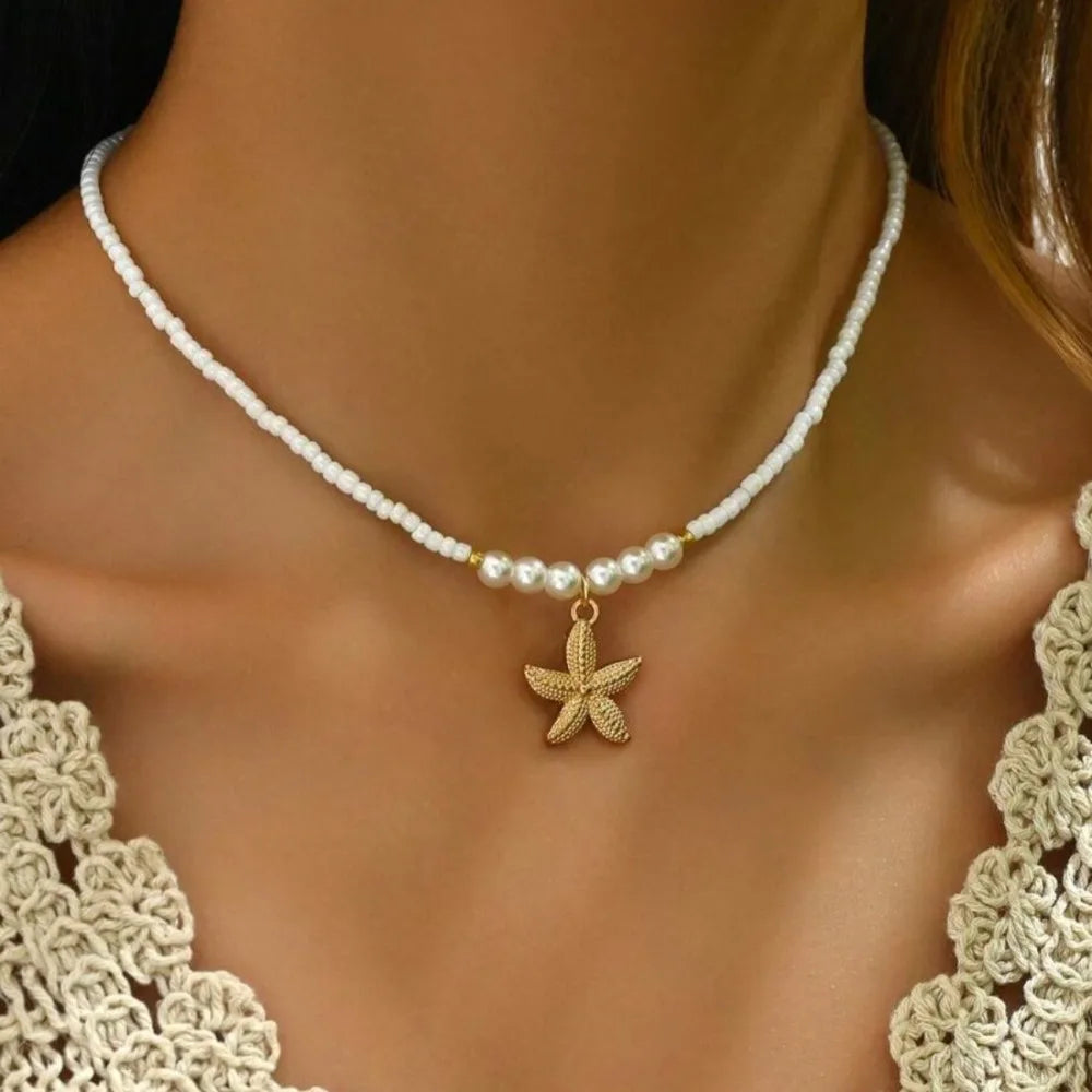 Rice Beads Starfish Pendant Necklace