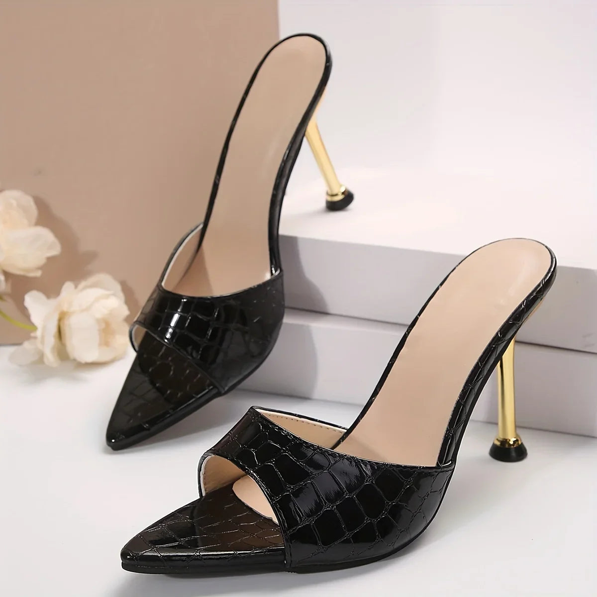Crocodile Texture High Heels with Pointy Peep Toe