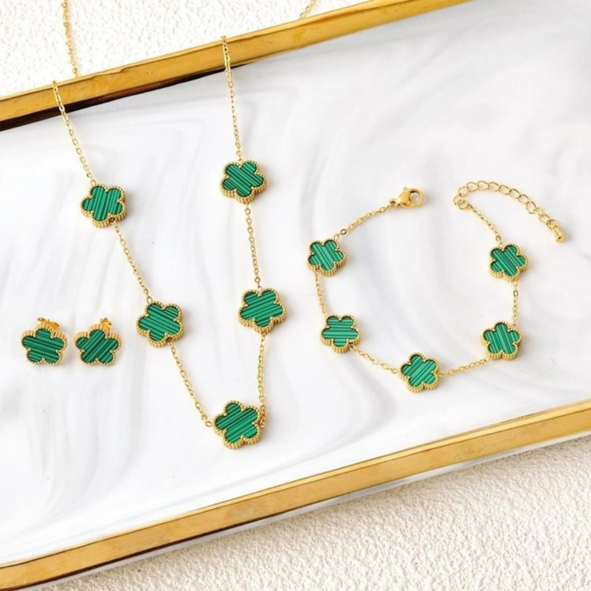 18k Gold-Plated Five-Leaf Flower Necklace Earrings Bracelet