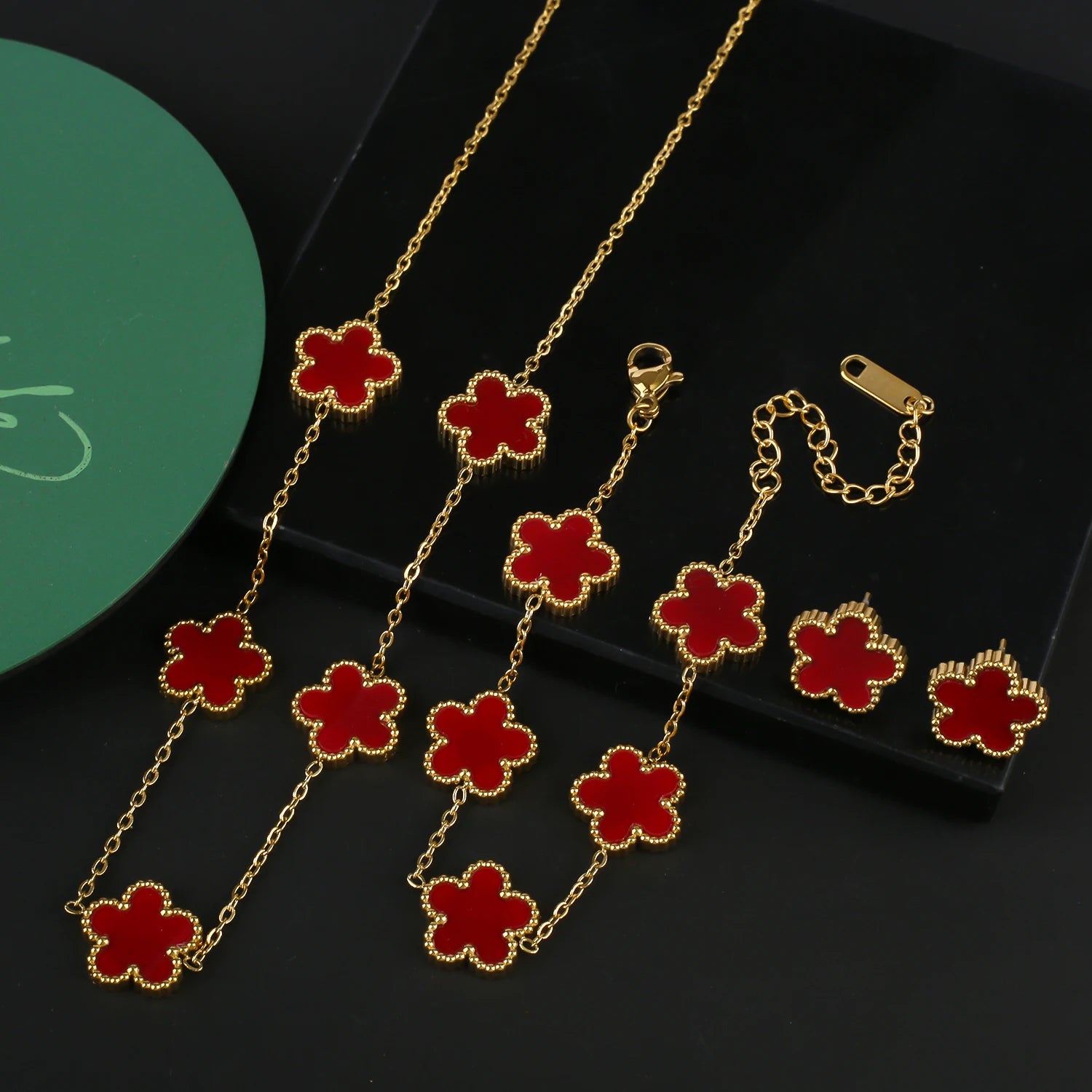 Stainless Steel Five Leaf Flower Clover Bracelet Necklace Earrings