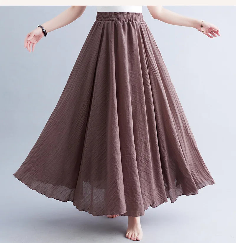 Cotton Linen Dress Elastic Waist A-line Long Skirts