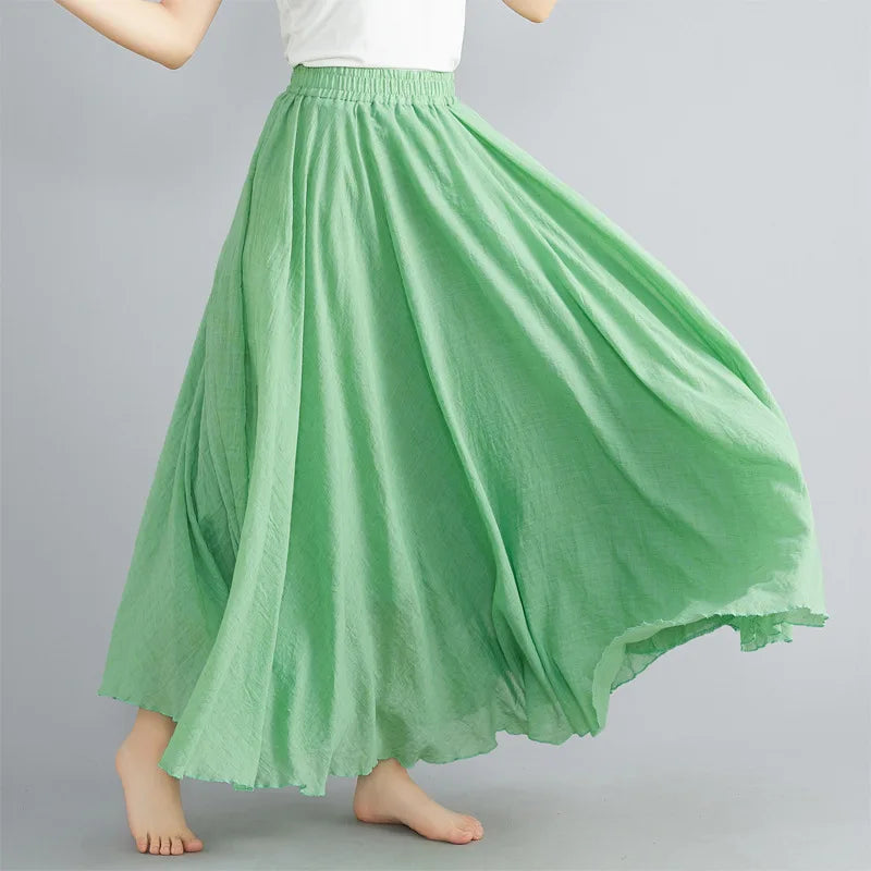 Cotton Linen Dress Elastic Waist A-line Long Skirts