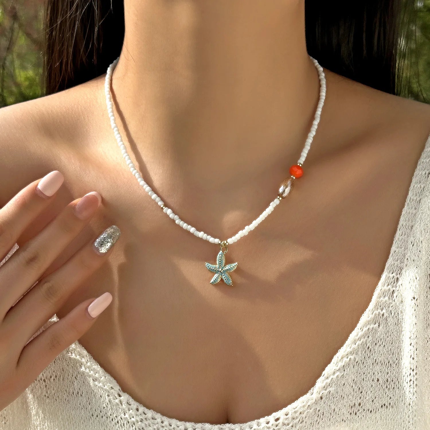 Rice Beads Starfish Pendant Necklace
