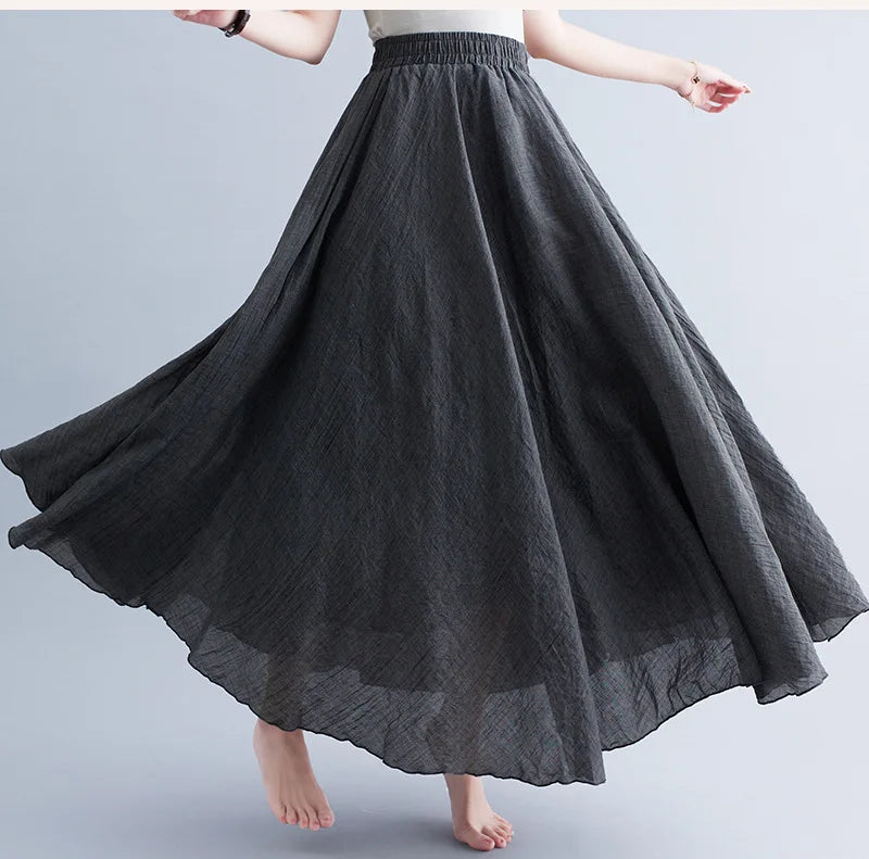 Cotton Linen Dress Elastic Waist A-line Long Skirts