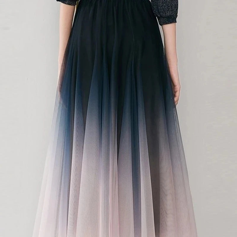 High Waist Gradient Mesh Pleated Midi Skirts