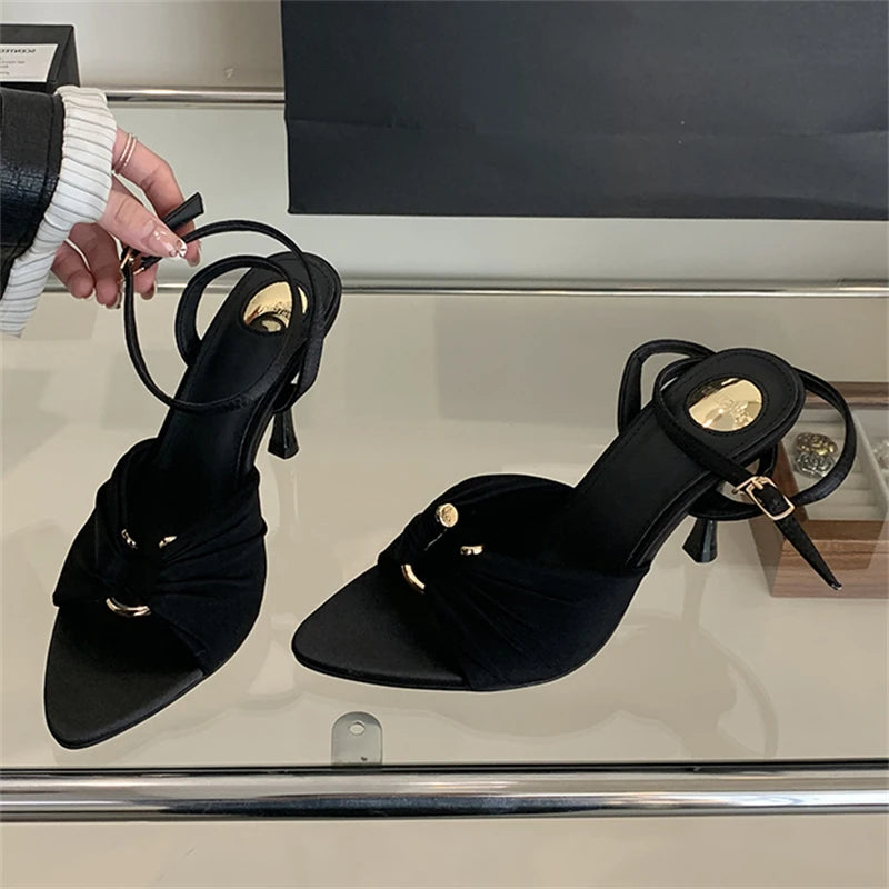 Pleated Metal Buckle Strap Sandals