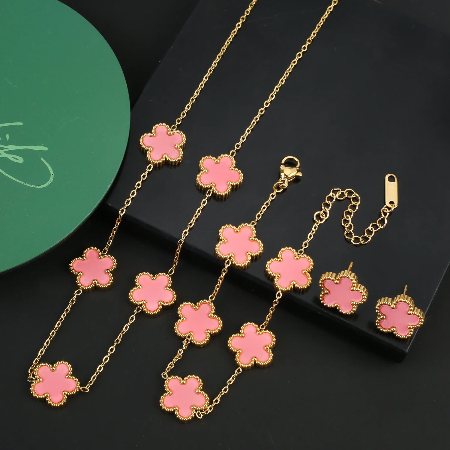 Stainless Steel Five Leaf Flower Clover Bracelet Necklace Earrings