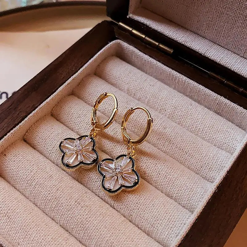 Gold-Plated Copper Zircon Four-Leaf Clover Dangle Earrings
