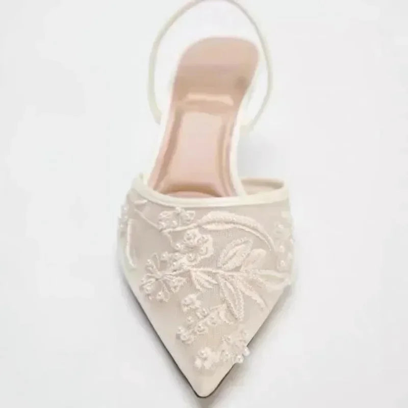 Embroidered String Bead Slingback Heels