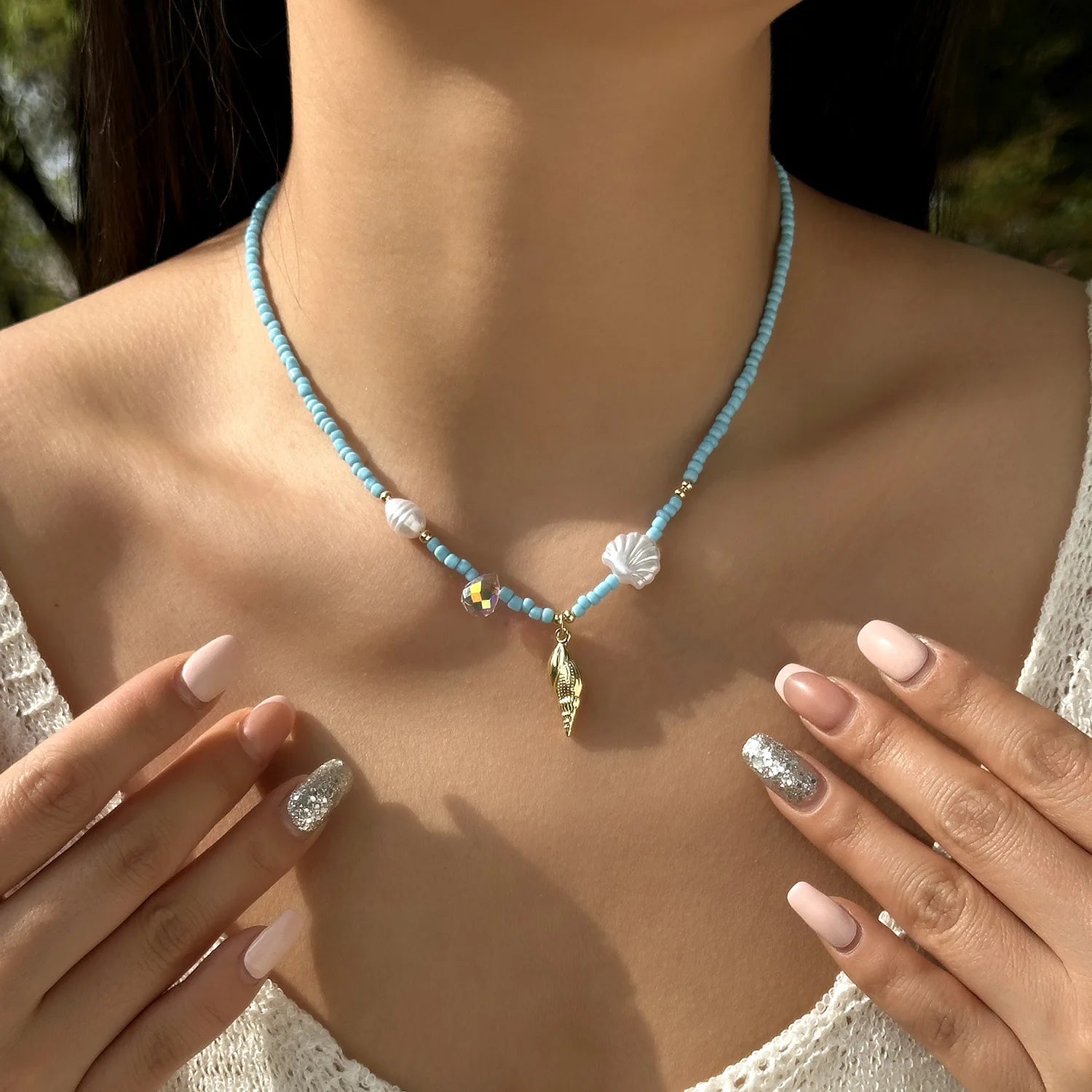 Rice Beads Starfish Pendant Necklace