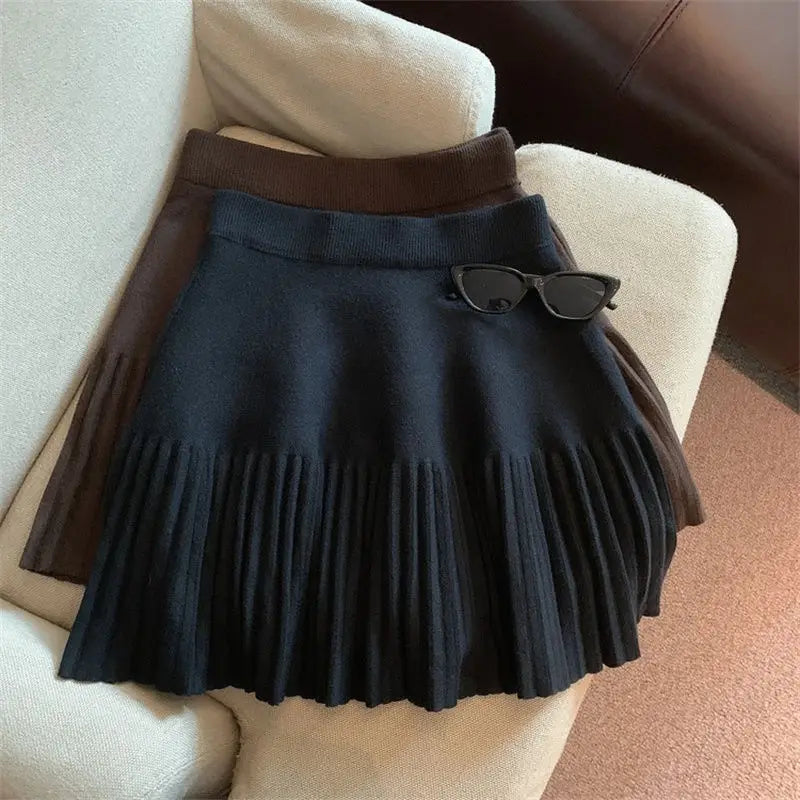 Elastic Waist Knitted Pleated Mini Skirts