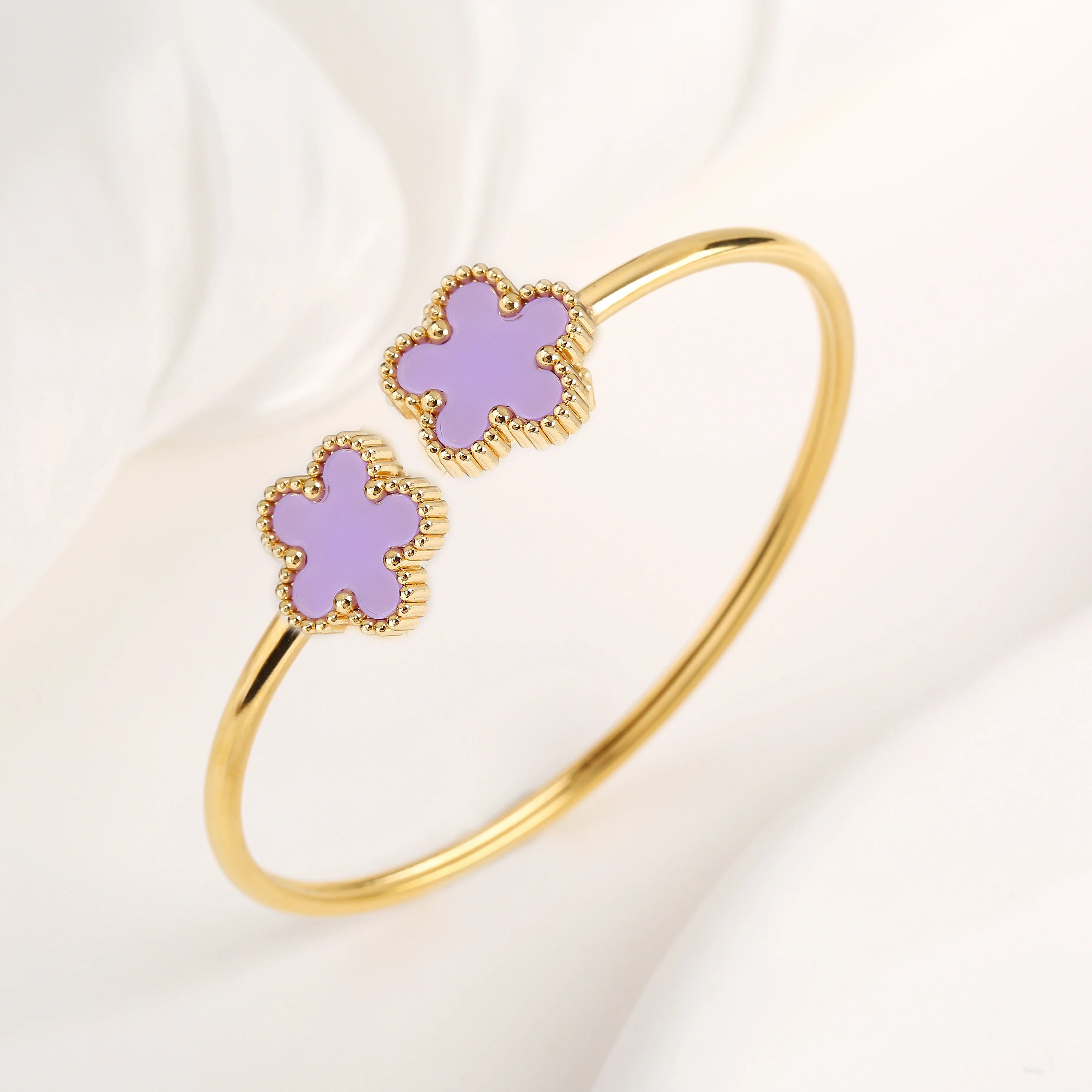 Adjustable Stainless Steel Gold-Plated Five-Leaf Flower Open Bangle