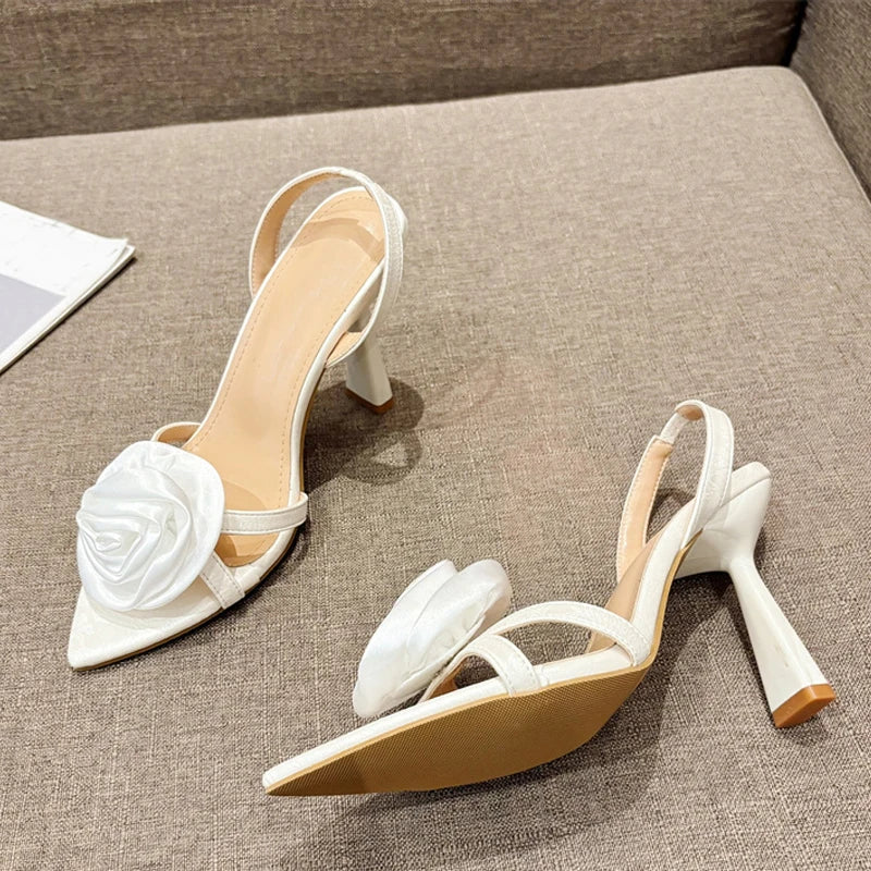 Silk Rose Flowers Pointed Open Toe Back Strap Sandals