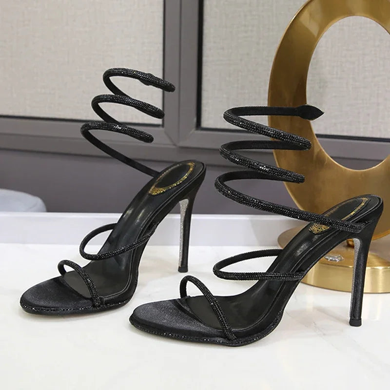 Crystal Diamond Ankle Strap With Open Toe Thin High Heels
