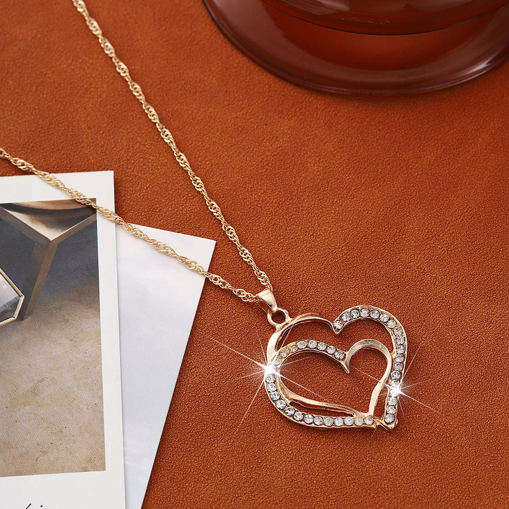 3 PCS Hollow Double Heart Rhinestone Pendant Necklace And Earring Jewelry Set