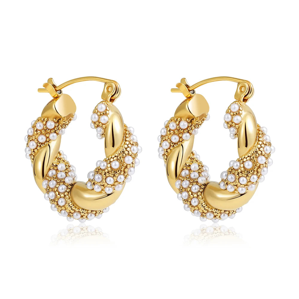 Zircon Round Buckle Hoop Earrings Gold Plated Stainless Steel