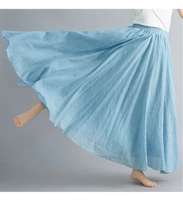Cotton Linen Dress Elastic Waist A-line Long Skirts