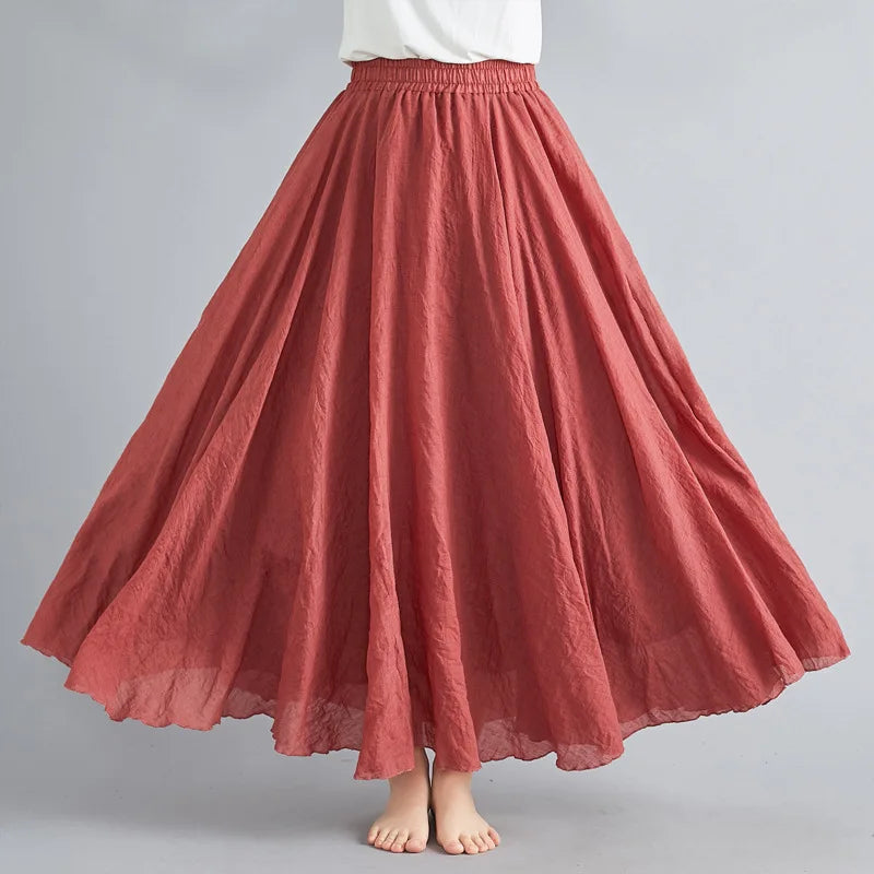 Cotton Linen Dress Elastic Waist A-line Long Skirts