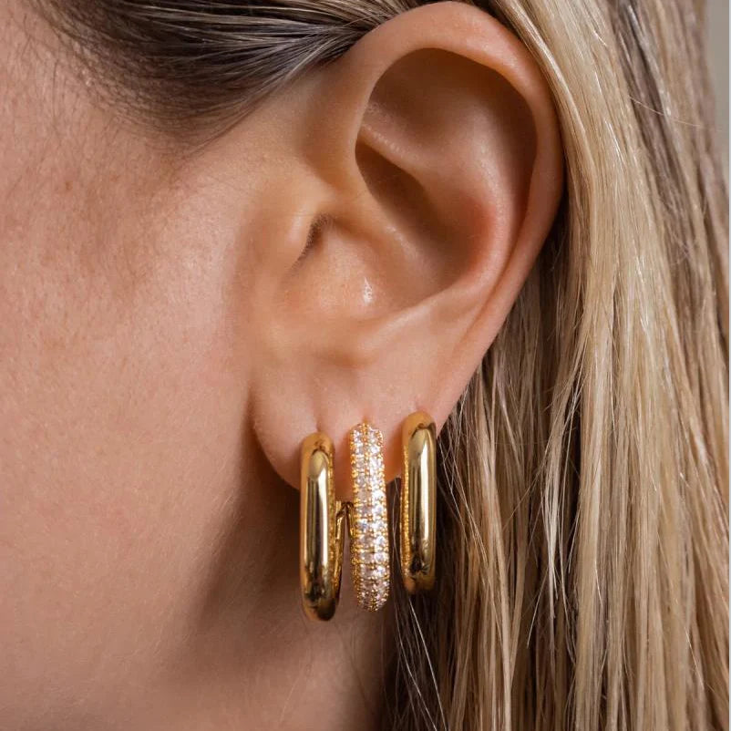 Zircon Round Buckle Hoop Earrings Gold Plated Stainless Steel